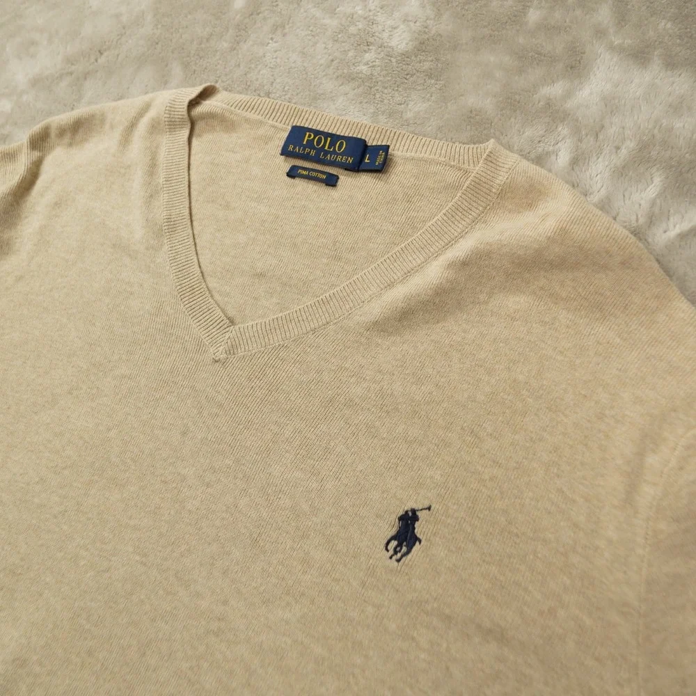 Polo Ralph Lauren Mens Large Beige Pima Cotton V Neck Sweater Pullover Logo